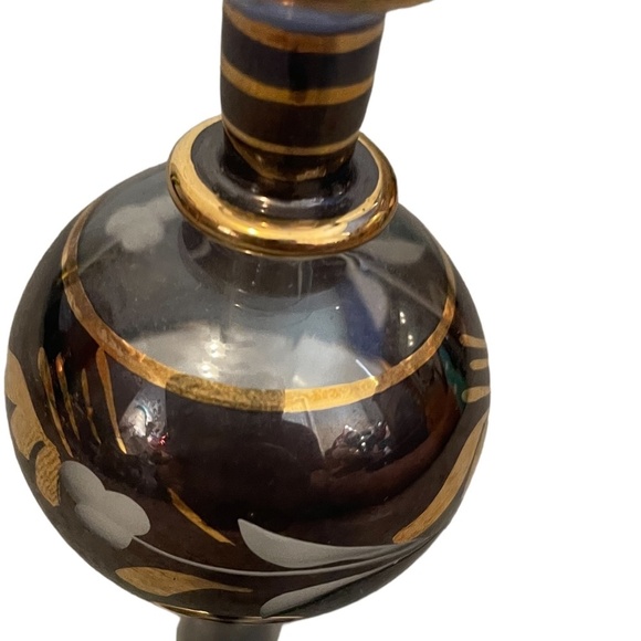 Egyptian Glass Gold Accent Perfume Bottle Mouth Blown With Stopper - Picture 5 of 8